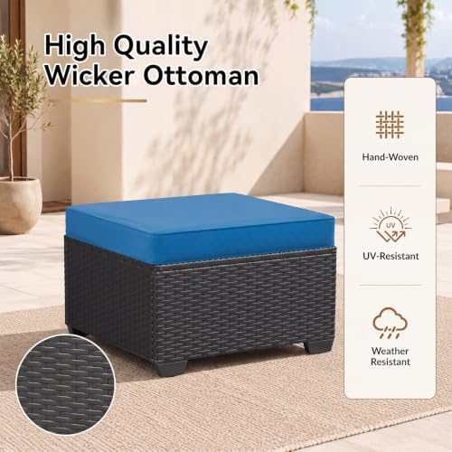 Aoxun 2 Piece Patio Sofa Ottomans with 4" Thick Cushions, Wicker Outdoor Couch Extension Set, All-Weather Rattan Seating Accessory for Backyard Furniture, Peacock Blue - Image 4
