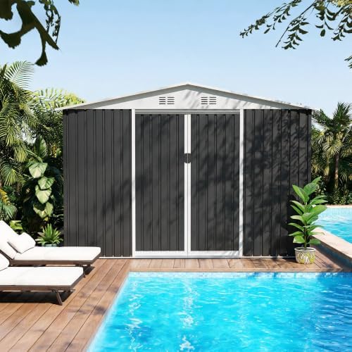 10x8 FT Metal Garden Shed with Sliding Door 4 Windows,Grey - Image 5
