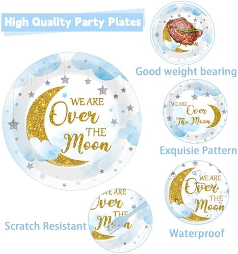 96Pcs Over The Moon Baby Shower Decorations Moon and Stars Party Baby Shower Plates and Napkins Gender Reveal Little Star Birthday Disposable Paper Plates for Celestial Birthday Gatherings Decorations - Image 3