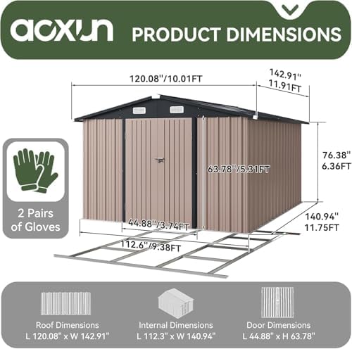 Aoxun 10x12 FT Galvanized Steel Outdoor Storage Shed with Base, Brown - Image 2