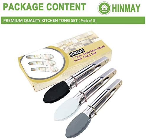 HINMAY 7-Inch Mini Tongs with Silicone Tips, Set of 3 (Black White Gray) - Image 2