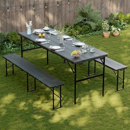Picnic Table Set with 2 Benches,6 Feet Folding Camping Table Chair Set with Wood Grain Tabletop,3-Piece Outdoor Indoor Portable Folding Furniture for Party, Camping, Picnic, Weddings (Black) by Betisef