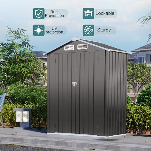 5x3x6FT Outdoor Storage Shed, Galvanized Steel Garden Shed with Lockable Door & Window, Waterproof Metal Tool Storage for Garden, Backyard, Patio, Lawn(Peak Roof) - Image 4