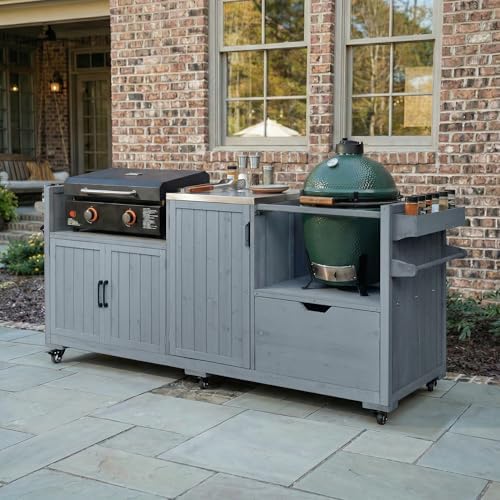 Outdoor Kitchen Island for Big Green Egg Grills, Grill Cart Table with Blackstone Griddle and Stainless Steel Top, Kitchen Storage Table with Cabinets and Drawer for 21"/28" Blackstone Griddle, Blue by JIJIWANG