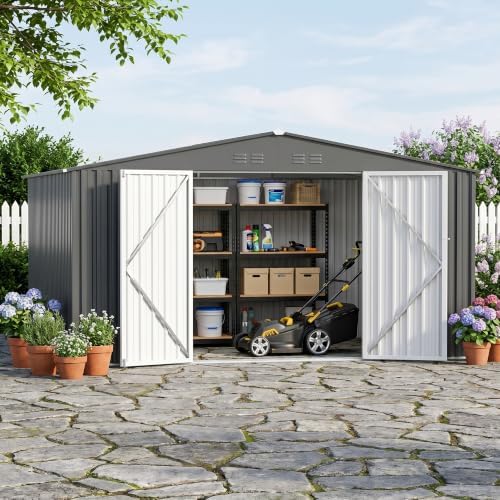 10 x 12 FT Outdoor Storage Shed, Heavy Duty Metal Shed with Lockable Double Door, Sloped Roof & Vents for Garden Backyard Lawn Dark Gray - Image 7