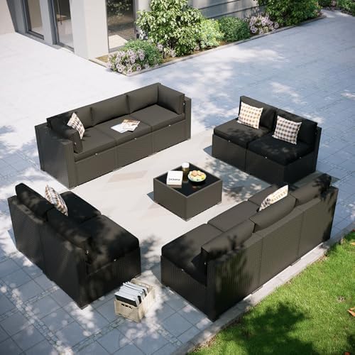 Aoxun Patio Furniture Set, 11 Piece Outdoor Sectional Sofas with Waterproof Cover, 10 Seats Wicker Rattan Outdoor Furniture Patio Conversation Set for Backyard, Garden Black by Aoxun