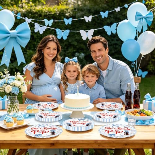 96Pcs She's Ready to Pop Baby Shower Party Decorations Soda Pop Drink Plates and Napkins Blue White Bow Plaid Disposable Paper Tableware Set for Girls Boys Baby Shower Party Supplies Serves 24 - Image 7