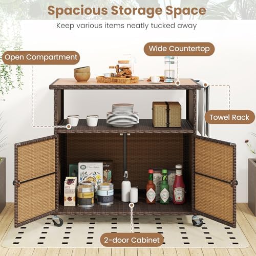 Tangkula Rattan Outdoor Storage Cabinet with 4 Wheels (Mix Gray) - Image 5