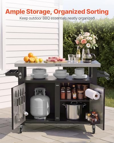 VEVOR Outdoor Grill Cart with Storage Cabinet, 53.1 Inch Grill Table, Waterproof Kitchen Island with Stainless Steel Top, Shelf, and Wheels, Movable Food Prep Station for Patio Bar Backyard BBQ - Image 3