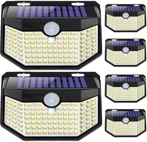 HMCITY 120 LED Outdoor Solar Lights with Motion Sensor and 3 Lighting Modes, IP65 Waterproof Wide Solar Wall Lights Ideal for Garden Patio Yard (Front Button 6Packs, Black Shell-Daylight White) by LightingUpYourLife