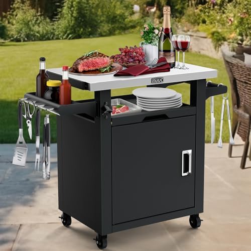 NUUK Grill Table with Storage Cabinet, Outdoor Grill Cart Pizza Oven Table with Wheels, Stainless Steel Top Kitchen Island 20"x30" Rolling Prep Station Outdoor Bar Cart for BBQ, Deck, Backyard by NUUK