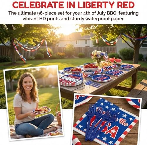 96Pcs Independence Day Paper Plates and Napkins 4th of July Party Supplies in the USA Red White Blue Star Disposable Tableware Set for 24 Guests American Flag Patriotic Memorial Day Decorations - Image 5