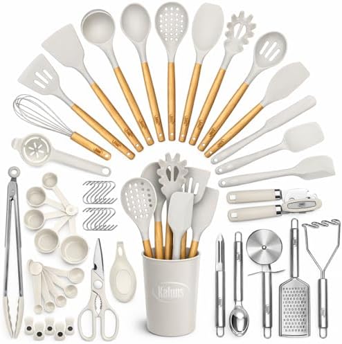 Kaluns 50 PCS Silicone Kitchen Utensils Set Complete Kitchen Set - 800°F Heat Resistant Non-Stick Premium Silicone Cooking Utensils W Wooden Handles - Can Opener, Masher, Turner, Silicone Spatula Set by Kaluns%C2%AE