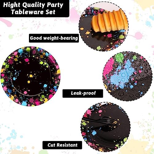gisgfim 48 Pcs Neon Plates Party Supplies Glow Birthday Party Decorations Glow in Dark Paper Dessert Plates Disposable Neon Theme Birthday Graffiti Party Supplies Decoration Favors - Image 3