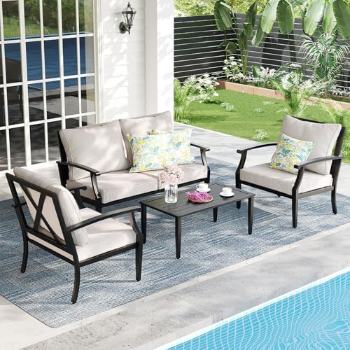 4-Piece Patio Furniture Set, Wider Outdoor Metal Seating Sofa with High Back & Lovsest, Coffee Table, All Weather Conversation for Backyard, Poolside, Deck-Beige by OutdoorPatioFurnitureSet