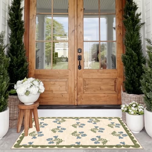 Floral Outdoor Rug - 28" x 43" Front Door Mat Indoor Outside Entrance Non-Slip Washable Outdoor Mat Sage Blue Spring Scalloped Rug for Entryway Kitchen Bedroom Layered Doormat for Front Porch - Image 4