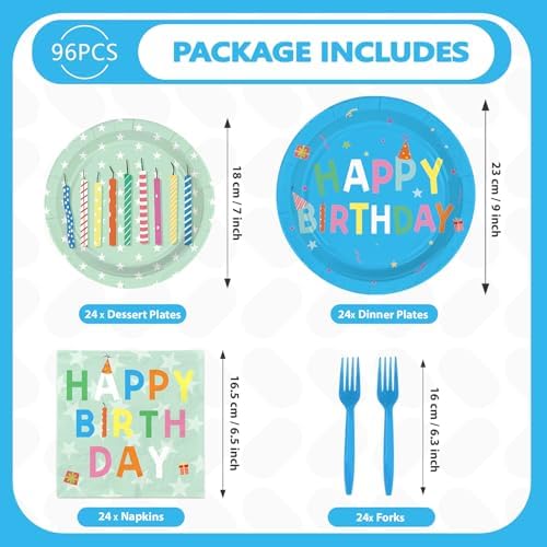 96Pcs Blue Green Happy Birthday Party Decorations Serves 24 - Image 5