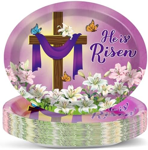 Qyeahkj 50 PCS He is Risen Oval Paper Plates Large 11” Disposable Jesus Cross Easter Party Decorations Spring Lily Floral Supplies Favor for Religion Christ Party Tableware Set by Qyeahkj