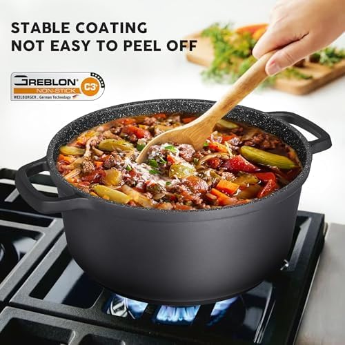Large Dutch Oven Pot with Lid-7.5QT Cast Aluminum Oven Pot with Two Handles Lightweight for Bread Baking Braising and Roasting(Black) - Image 4