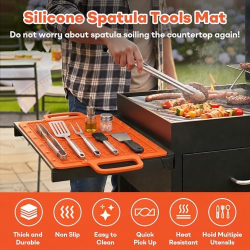 Portable Outdoor Silicone Grill Mat, Foldable Heat-Resistant Table Mat & BBQ Side Shelf Tool Pad with Snap Buttons, Converts into Storage Bag for Utensils and Food, Food-Grade, Non-Slip(Orange) - Image 5