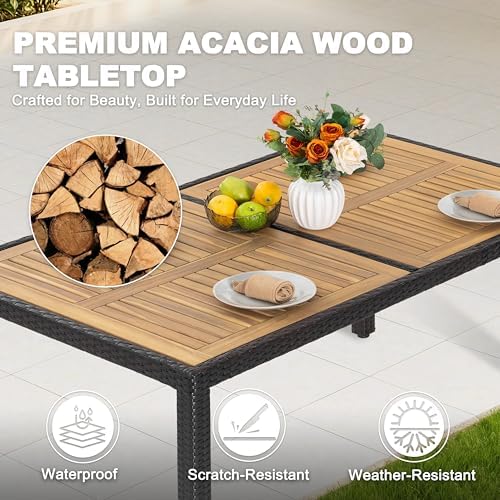 NUU GARDEN 59 x 35 Inch Outdoor Patio Dining Table for 6, Acacia Wood Slatted Tabletop with Rattan Wrapped Metal Frame, All Weather Outdoor Table for Garden Backyard Lawn, Black - Image 7