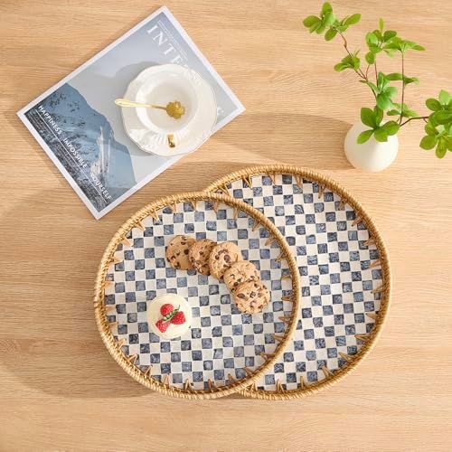 Round Rattan Tray with Mother of Pearl Inlay, Rattan Serving Tray with Wooden Base, Decorative Wicker Basket for Table Decor, Storage and Display of Coffee Bread Food Fruit (Checkerboard 11.8") - Image 4