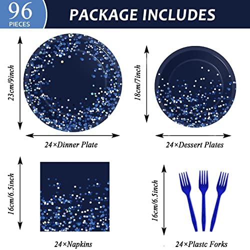 96 Pcs Blue and Silver Party Supplies Dot Confetti Paper Plates Sparkly Glitter Theme Party Decoration Confetti Party Tableware Set Bridal Shower Birthday Party Paper Plate Napkin Fork 24 Guests - Image 2