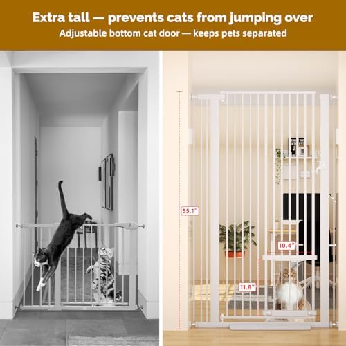 55.1" Extra Tall Pet Gate with Adjustable Cat Door, 29.5-35" Extra Wide Cat Gate, Pressure Mounted Walk Through Pet Safety Gate for Stairs, Doorways, White - Image 3