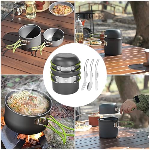 Camping Cookware Mess Kit Backpacking Pot Gear Camping Cooking Pots and Pans Set Camp Kitchen Equipment Accessories Green - Image 5
