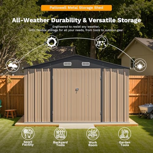 Patiowell 10 x 12 FT Metal Storage Shed for Outdoor with Floor Frame, Steel Yard Shed with Design of Lockable Doors, Utility and Tool Storage for Garden, Backyard, Patio, Outside use,Brown - Image 5