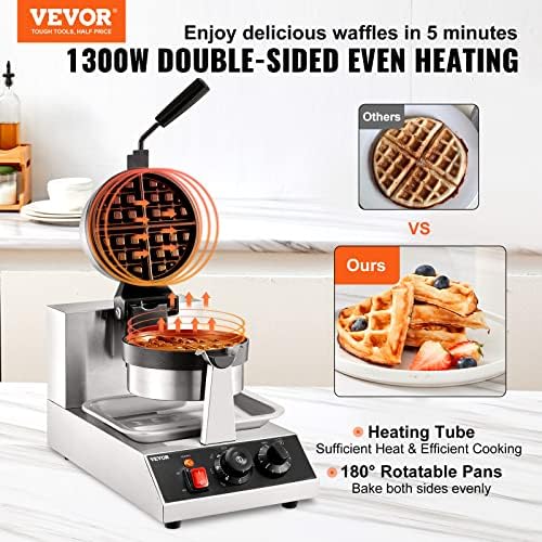 VEVOR Commercial Waffle Maker, 1300W Round Waffle Iron, Non-Stick Rotatable Waffle Baker Machine With 122-572℉ Temp Range and Time Control, Teflon-Coated Baking Pan Stainless Steel Body 110V - Image 2
