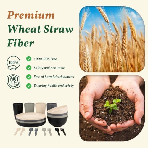 Homienly Unbreakable Wheat Straw Dinnerware Sets, Plastic Plates and Bowls Sets Alternative 20 PCS, Microwave & Dishwasher Safe Dish Set for Kitchen, Camping, Kids, Apartment, Lightweight(Grey Stone) - Image 3