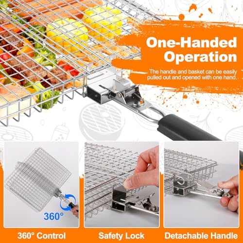 Fish Grill Basket for Outdoor Grill, Grilling Basket With Removable Handle, Portable BBQ Set Barbecue Rack for Shrimp Pork Veggies, Camping Grilling Accessories With Brush, Metal Skewers and Carry Bag - Image 2