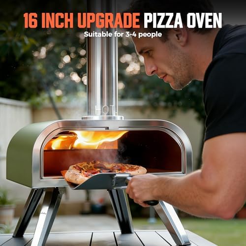 BIG HORN 16" Multi-Fuel Outdoor Pizza Oven – 2-in-1 Wood-Fired & Gas Compatible (Burner Sold Separately), 1112°F Outdoor Stainless Pizza Cooker, Portable for Party Usage, Green - Image 4