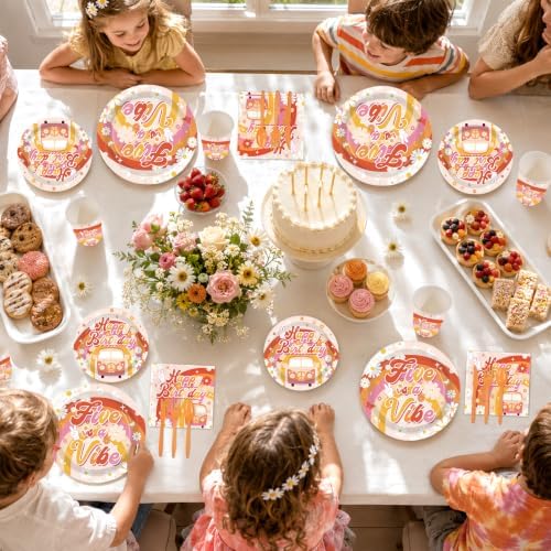 168Pcs Five Is a Vibe Birthday Party Decorations Groovy 5th Birthday Plates and Napkins Hippie Daisy Tableware Set for Girls Boho 5 Years Old Party Supplies Serves 24 - Image 5
