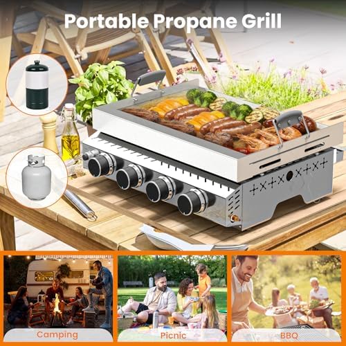 WAA Portable Propane Griddle, 32,000BTU Tabletop Portable Propane Gas Grill with 4 Burners, Stainless Steel Flat Top Grill, Outdoor Cooking for Tailgating,Camping, RVs, BBQ, Patio, Silver - Image 6