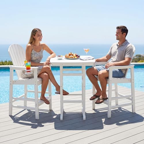3-Piece HDPE Bar Height Table and Chairs Set, 42.1" Square High Top Pub Table with Umbrella Hole, 2 Adirondack Charis with Cup Holders, Outdoor Patio Dining Set for Bistro Backyard Deck White by SCANORDIC