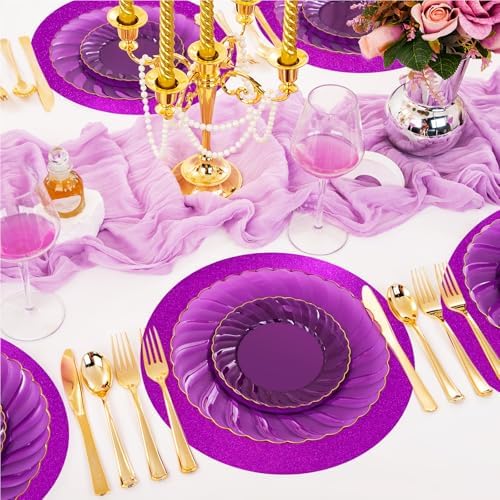 50 PCS Purple Paper Placemats Round Place Mat Glitter Disposable Paper Charger Doilies Tablemats for Birthday Wedding Halloween Banquet Party Dinner Table Decor(13x13inch) - Image 6
