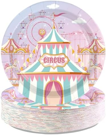 50Pcs Pink Pastel Circus Heavy Duty Party Paper Plates 9 Inch by Greencian