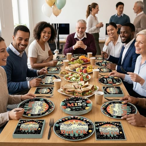 96PCS Rude That You're Leaving But OK Paper Plates and Napkins Vintage Farewell Retirement Party Supplies We Will Miss You Tableware Set for 24 Guests for Women Men Office Retirement Decorations - Image 5