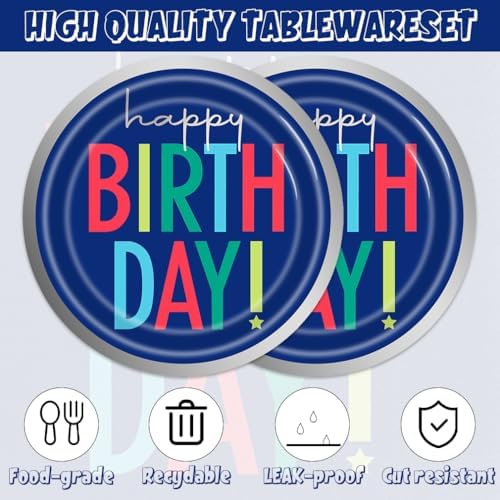 40Pcs Blue Happy Birthday Decorations - Birthday Party or Baby Shower Supplies Disposable Tableware Paper Blue Plates and Napkins Set for 20 Guests - Image 3