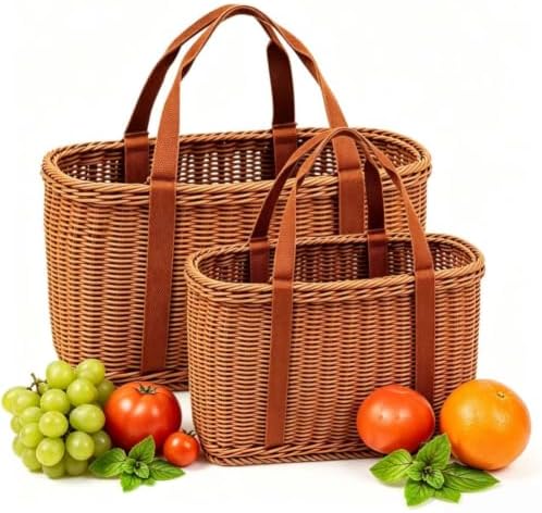 Shopping Wicker Basket with Handles, Handwoven Picnic Basket, Portable Storage Decor for Kitchen, Home, Outdoor and Farmers Market (S+M) by Unknown