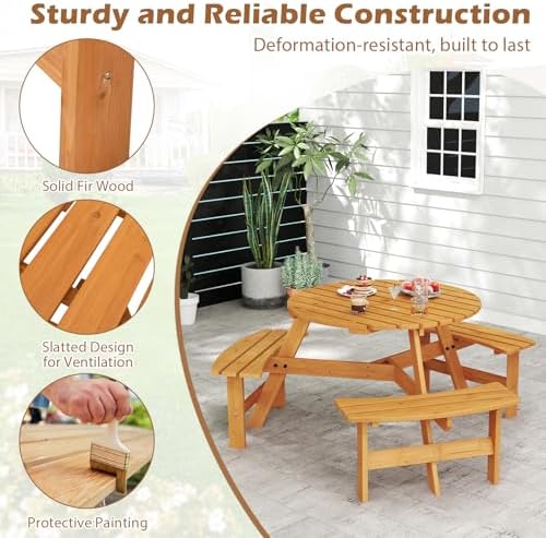 Giantex 6-Person Round Picnic Table Set with 3 Benches, 550 LBS Bench Capacity, 2" Umbrella Hole, Circular Outdoor Wood Dining Table & Chairs for Patio Yard Garden Porch Deck (68”x62”x28”,Yellow) - Image 4