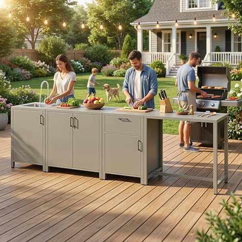 Wisteria Lane Aluminum Outdoor Kitchen Island, Modular Outdoor Kitchen with Stainless Steel Sink, All Weather Outdoor Storage Cabinet with Storage, Drawers & Bar Table for Patio, BBQ, Porch, Backyard by WisteriaLane