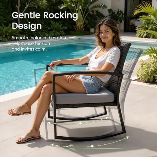Rocking Patio Bistro Sets - All-Weather - 3 Piece Rattan Conversation Furniture Set, Wicker Outdoor Front Porch Chair for Balcony, Porch, Garden, Backyard, Poolside,Gray - Image 2