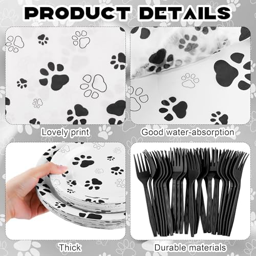 Kochorie 144 Pieces Black Paw Print Party Tableware Sets Including Disposable Plates Napkins Cups Forks Serves 24 for Dog Puppy Theme Party Supplies - Image 3