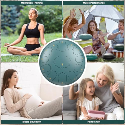 D Major Steel Tongue Drum Handpan, 12 Inch 13 Note Rain Drum for Garden Outside, Meditation Rain Chime, Musical Percussion Instrument for Adult Gift with Bag, Music Book, Drum Mallets (Moss Blue) - Image 6