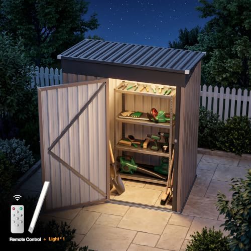 5 x 3 FT Outdoor Storage Shed, Waterproof Metal Garden Tool Shed with Sloped Roof, Magnetic Light, Lockable Door & Air Vents for Backyard Patio Lawn, Brown - Image 3