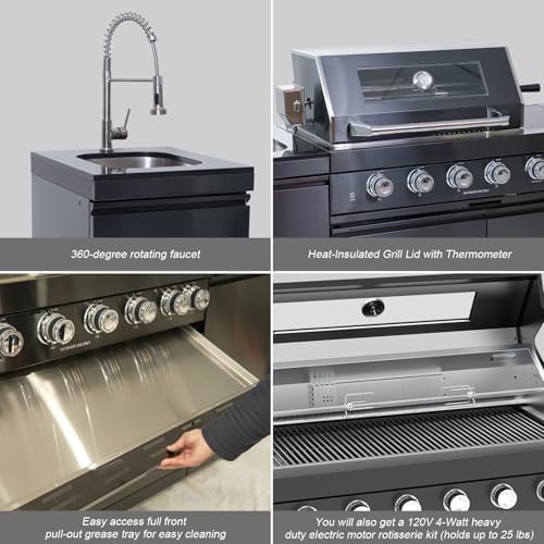 Outdoor Kitchen Island, 84.6 Inch 72000 BTU Propane Gas Grill Combination With Refrigerator and Sink, Outdoor Stainless Steel Barbecue Bar, Propane Grill, for Patios, Gardens, Parties - Image 5