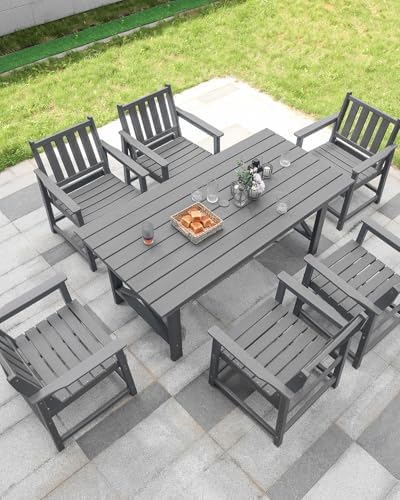 7 Pieces HDPE Outdoor Dining Set, Patio Dining Set with Umbrella Hole, All Weather Outdoor Dining Table Sets for 6, HDPE Patio Furniture Sets for Deck, Backyard, Lawn, and Poolside, Smoke Gray - Image 2